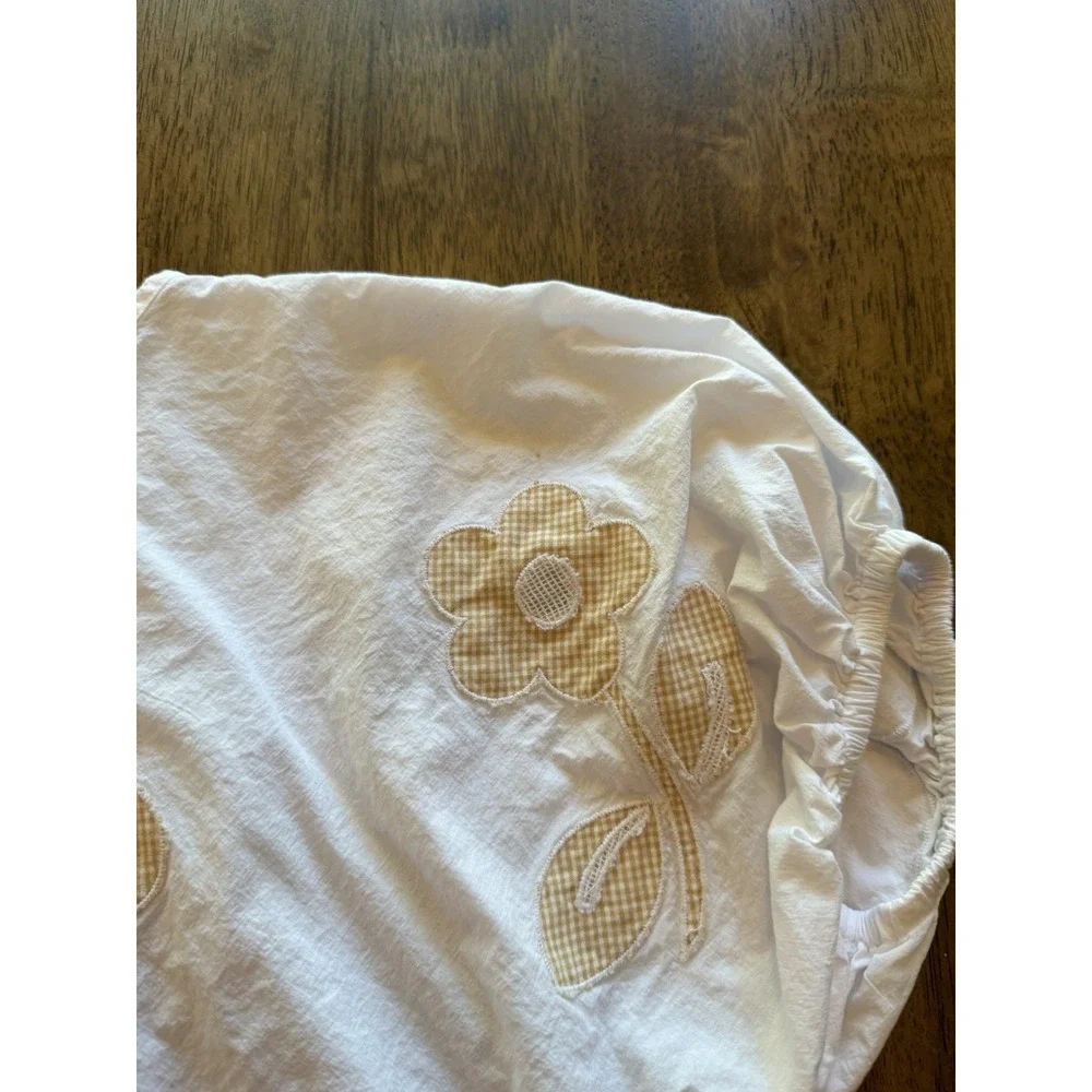 Madewell Gingham Floral Applique Puff Sleeve Drawstring Top White Yellow XXS